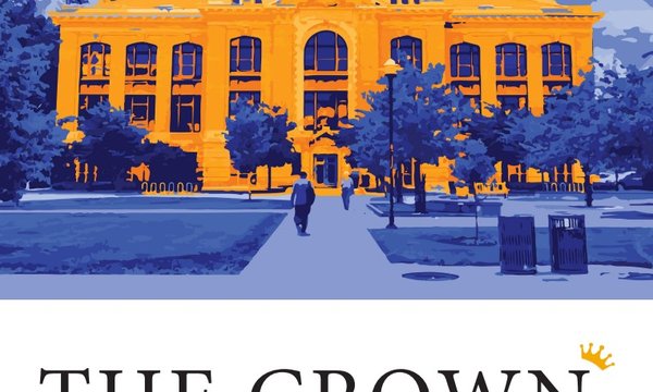 illustration of Bowne Hall in orange with rest of illustration in blue and words "The Crown Syracuse Honors Research Journal" below