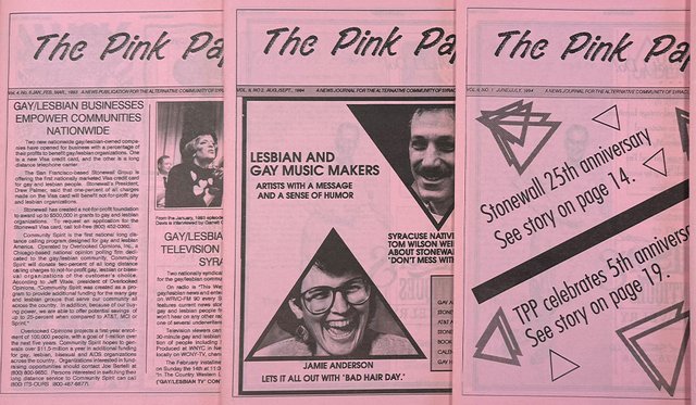 Three Pink Paper magazines lined up in a row, with black text and black and white images printed on pink paper, with headings about LGBTQ communities and individuals and the 25th anniversary of Stonewall. Papers are dated from the years 1993-1994.