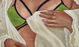 torso of female wearing green bra and underwear and sheer robe