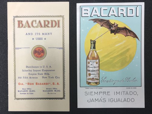 The adorable bat sipping Bacardi in front of a full moon postcard and the accompanying recipe booklet. Erskine Caldwell Papers.