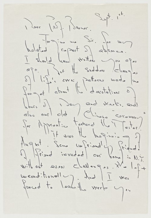 The first page of a handwritten letter from Ying Li to Marcel Breuer describing why she left his employ. Marcel Breuer Papers.