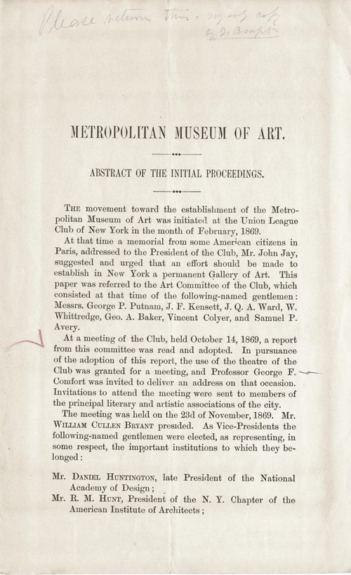 The first page of the “Abstract of the Initial Proceedings” for the Metropolitan Museum of Art.
