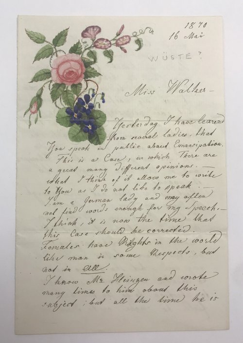 The front of Louise Wüste’s letter addressed to “Miss Walker,” featuring a floral illustration from 1870. Mary Edwards Walker Papers.