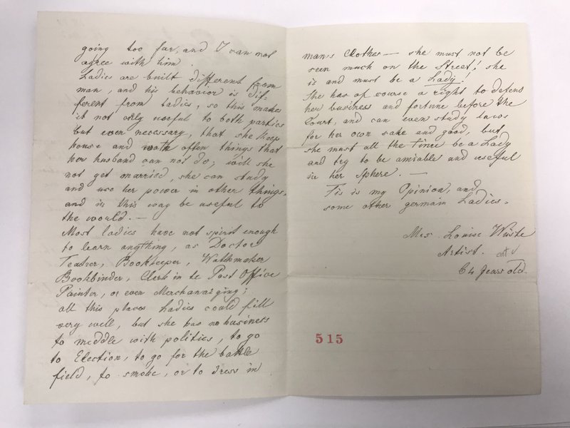 The inside pages of Louise Wüste’s 1870 letter to Walker, featuring her criticism of Walker’s style of dress. Mary Edwards Walker Papers.