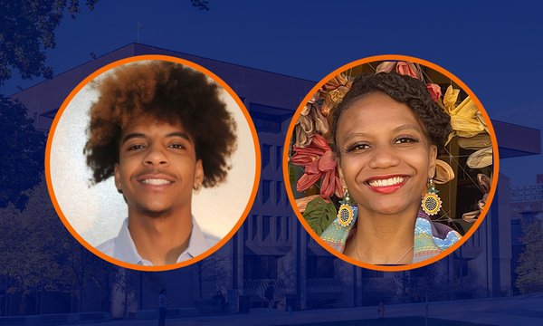 two headshots in circles on blue background