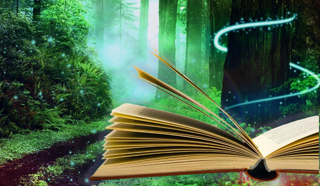 Illustration of open book with swirling sparkles around a tree leading into a green glowing forest