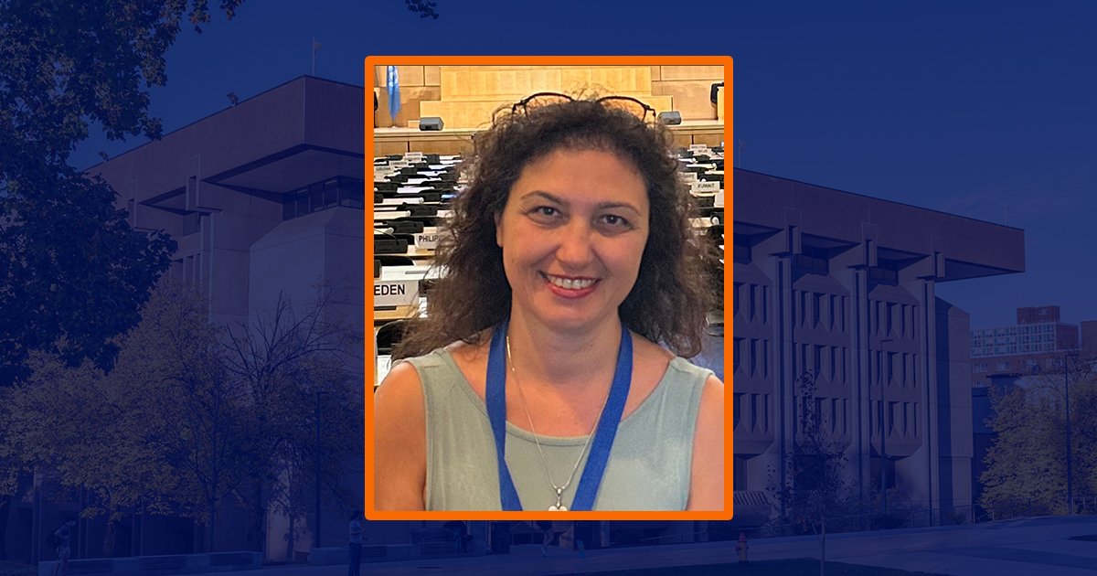 headshot of woman with blue sepia of Bird Library in background