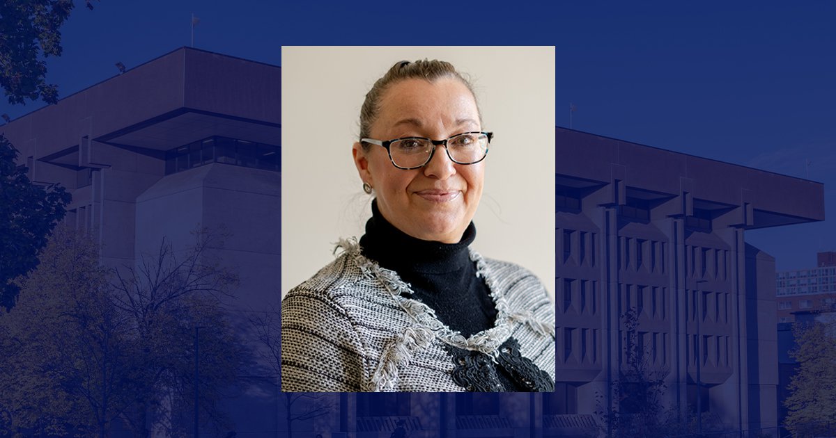 headshot with blue sepia image of Bird Library in background