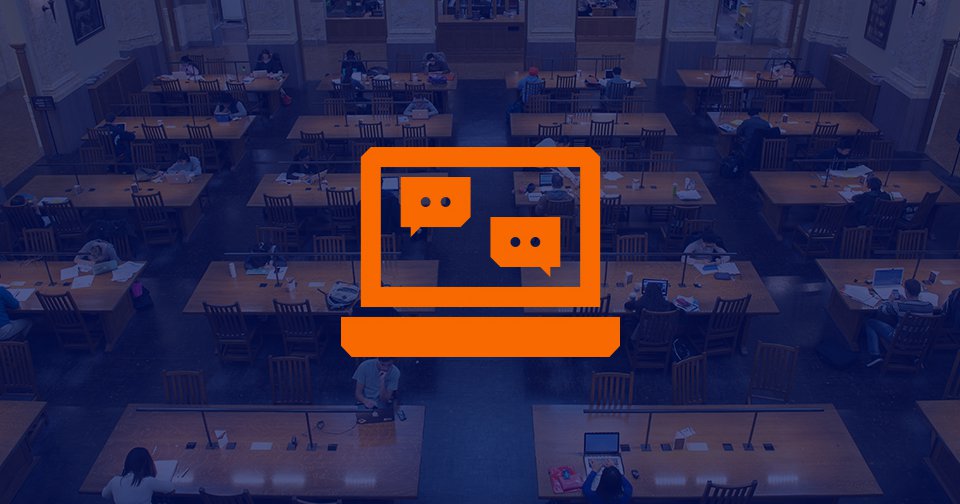 blue sepia background photo of Carnegie Library reading room with orange icon of computer with speech bubbles