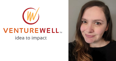 VentureWell logo and a photo of Louise Manfredi