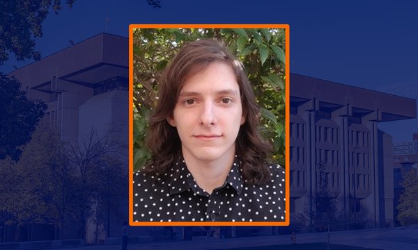 headshot with blue sepia image of Bird Library in background