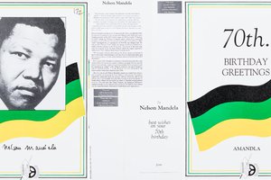 photo of Nelson Mandela next to black green and yellow ribbons of color