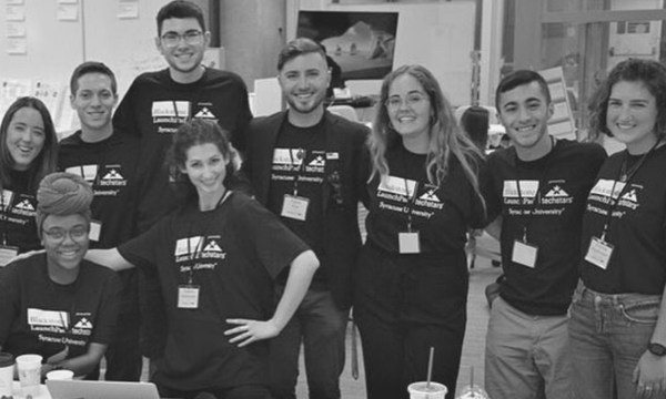 black and white photo of students at the LaunchPad