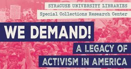 pink image of group of protestors with title of exhibition overlaid