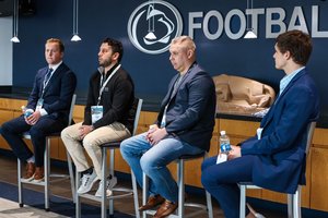 NIL Agencies Panel at 2023 Penn State Sports Business Conference. Jack Adler, CEO of Out2Win Sports (left), Ayden Syal, CEO of MOGL, Doug Fillis, Founder of Accelerate Sports Ventures, and moderator Miles Jordan (right)