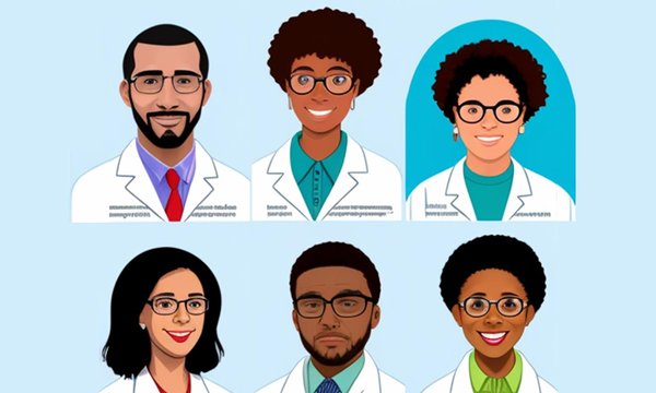illustrations of different races and genders in white lab coat