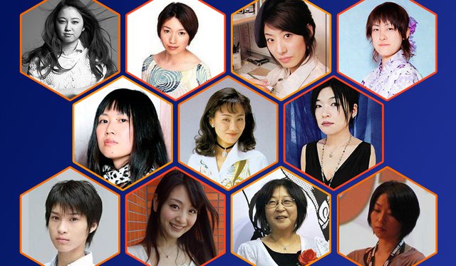 Blue background with hexagon portraits of eleven Asian women creators