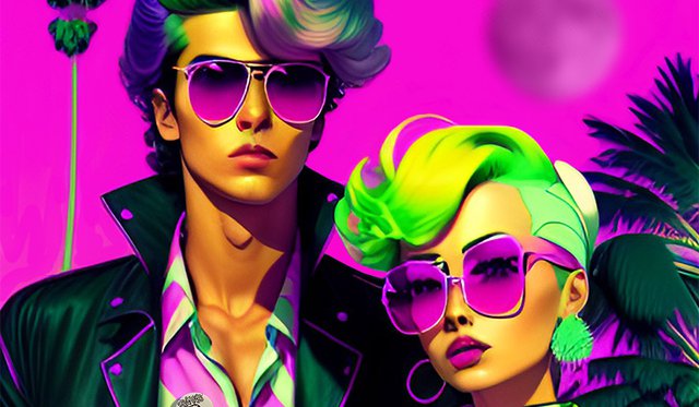 AI-generated image with bright pink background, palm trees, and two people wearing large sunglasses and a leather jackets