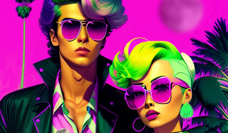 graphic image of guy and girl with purple sunglasses, green hair and purple sky background