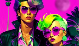 illustration of boy and girl wearing neon colors, purple glasses, green hair and purple sky in background