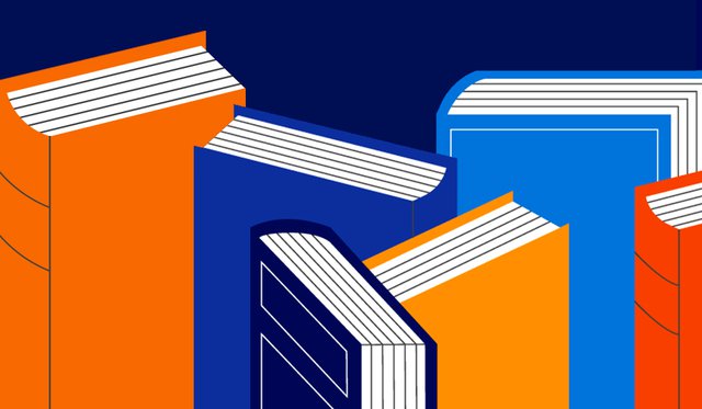 Dark blue background with illustrated orange, medium blue, light blue, yellow and dark orange books arranged next to each other