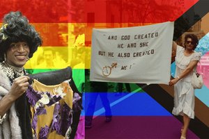pride flag behind people in LGBTQ parade