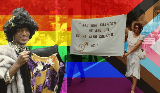 Collage with Marsha P. Johnson and Sylvia Rivera and inclusive pride flag background