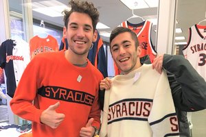 Will DeVito ’20 and Nick Barba ’20 model Popcycle’s vintage line as a homecoming homage