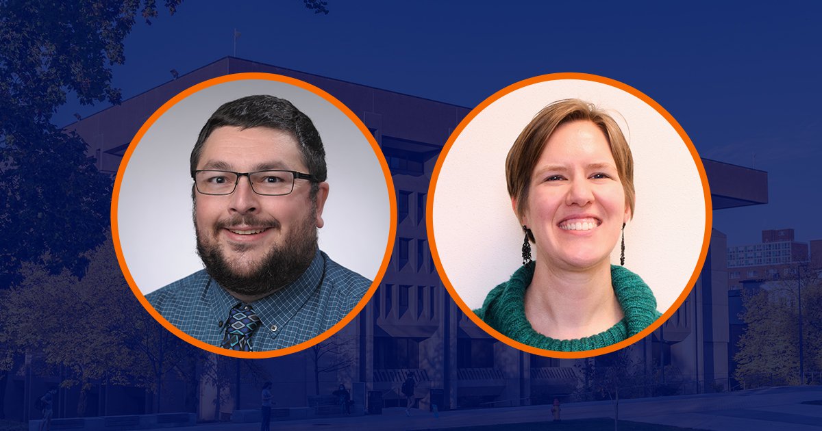 Circular portraits of Winn Wasson and Chelsea Hoover with orange outline over dark blue overlaid image of Bird Library