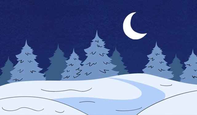 Illustrated winter scene with dark blue sky, light blue pine trees on a snowy hill, and a crescent moon