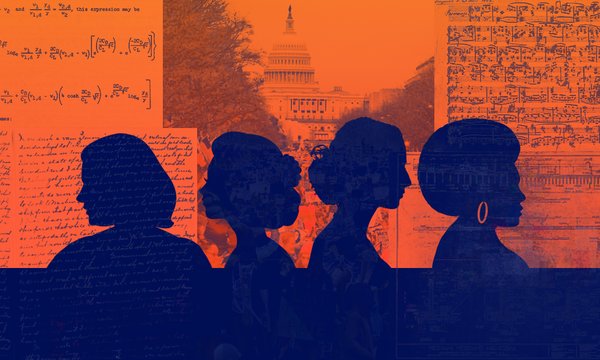 4 female profiles in blue on orange background with words Women's History Month below