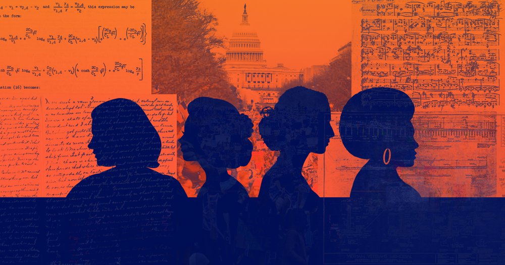 4 female profiles in blue on orange background with words Women's History Month below
