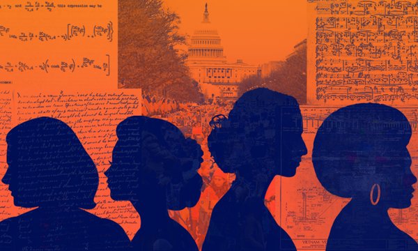 blue profile of four women with orange background