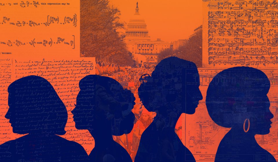 blue profile of four women with orange background