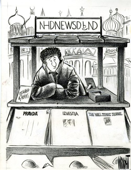 Cartoon newsstand worker in a fur coat and hat with three white newspapers on the stand in front of him and Russian architecture behind him.