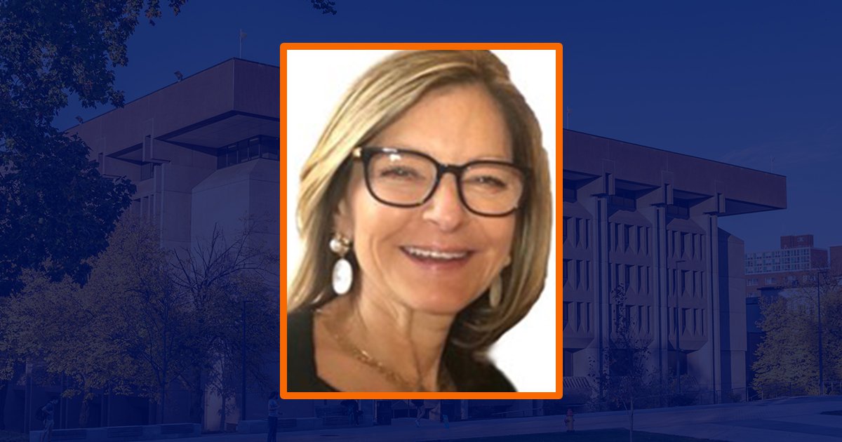 female  headshot with blue sepia image of Bird Library in background