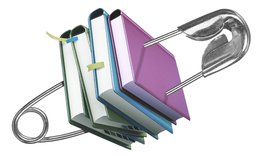 graphic of stack of books with safety pin going through them