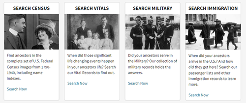 screenshot of three boxes to search for ancestral information by census, vitals, military or immigration