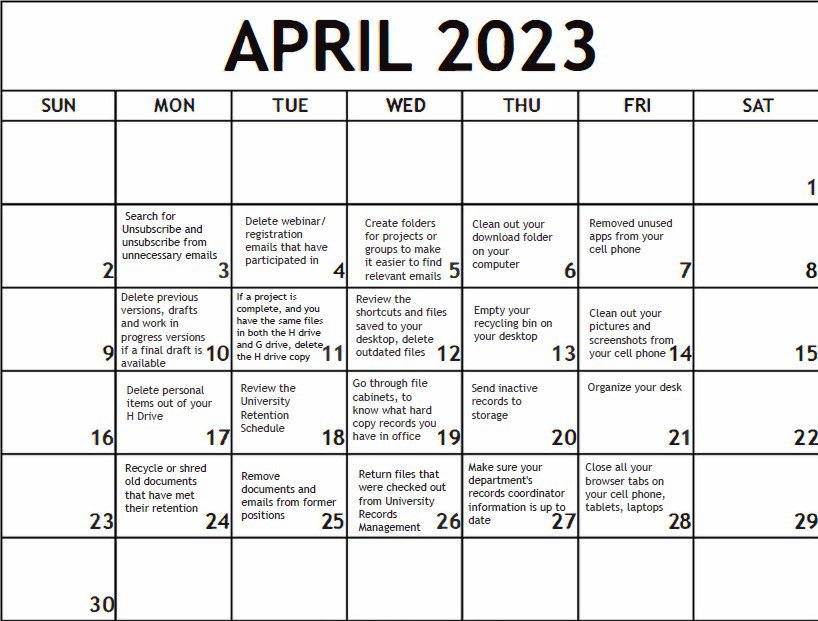 april calendar with action items on each day