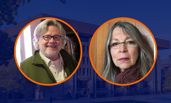 headshots of two people with blue background
