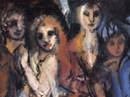 painting of four people standing closely side by side