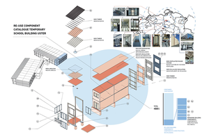 Image of a temporary school building and components used to build it.