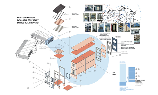 Image of a temporary school building and components used to build it.