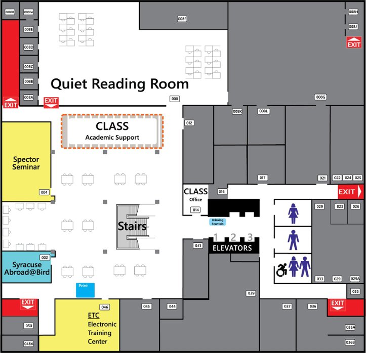 map of lower level that includes private office areas to the east, Electronic Training Center to south, Syracuse Abroad and Spector Seminar Room on west, Quiet Reading Room to north, CLASS and stairwell and washrooms and elevator in center