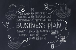 Business terms written on a chalkboard
