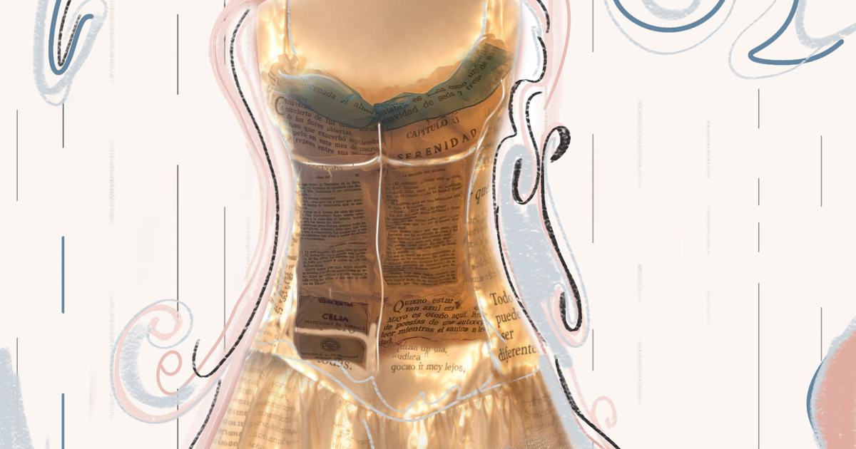 drawing of dress on headless manequin with bow and decoration around it