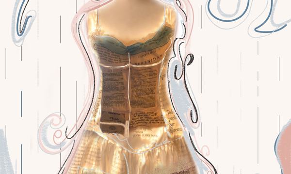 drawing of dress on headless manequin with bow and decoration around it