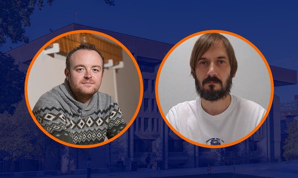 two white male heads in circle on blue background