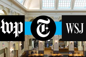 logo for Washington Post, New York Times and Wall Street Journal atop image of Carnegie Library