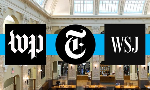 logo for Washington Post, New York Times and Wall Street Journal atop image of Carnegie Library